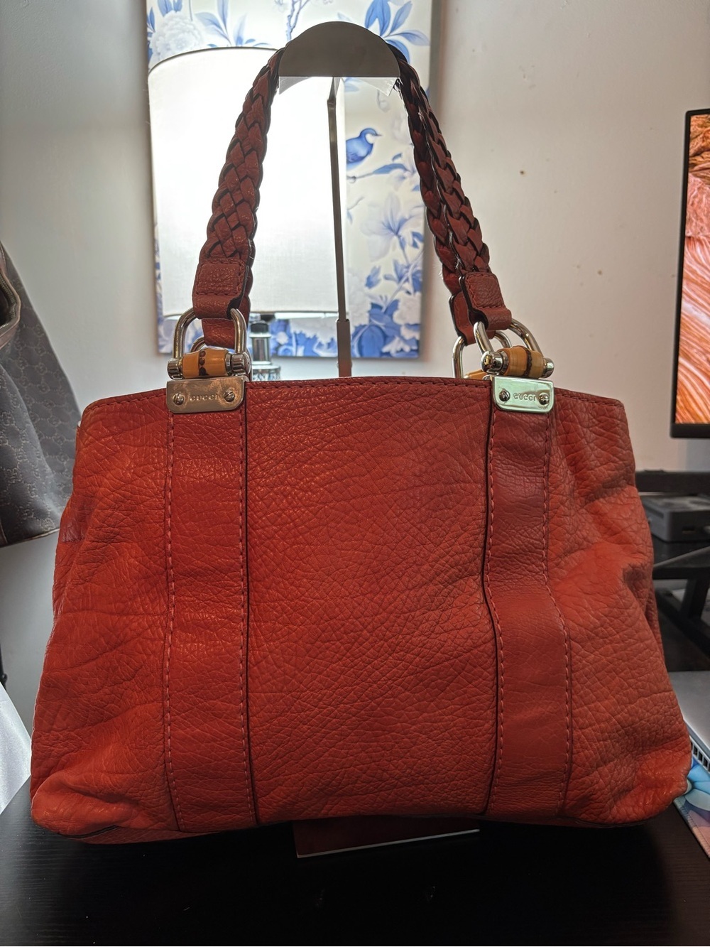 Auth Gucci Vintage Libeccio Medium Bamboo Bar Tote -Orange/Rust Pebbled Leather